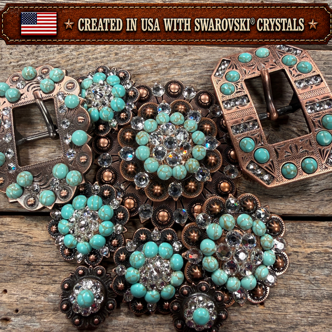 Copper Turquoise - Clear Crystal Conchos | Sizes 1"- 3" | Buckles | Saddle Set | Leather Rosettes | Slide