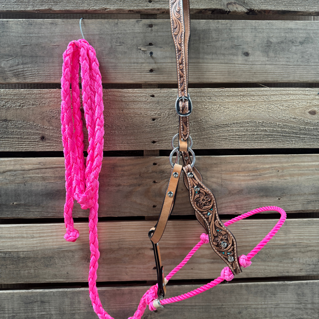 Hot Pink Floral Tooled Lariat & Leather Combo Halter