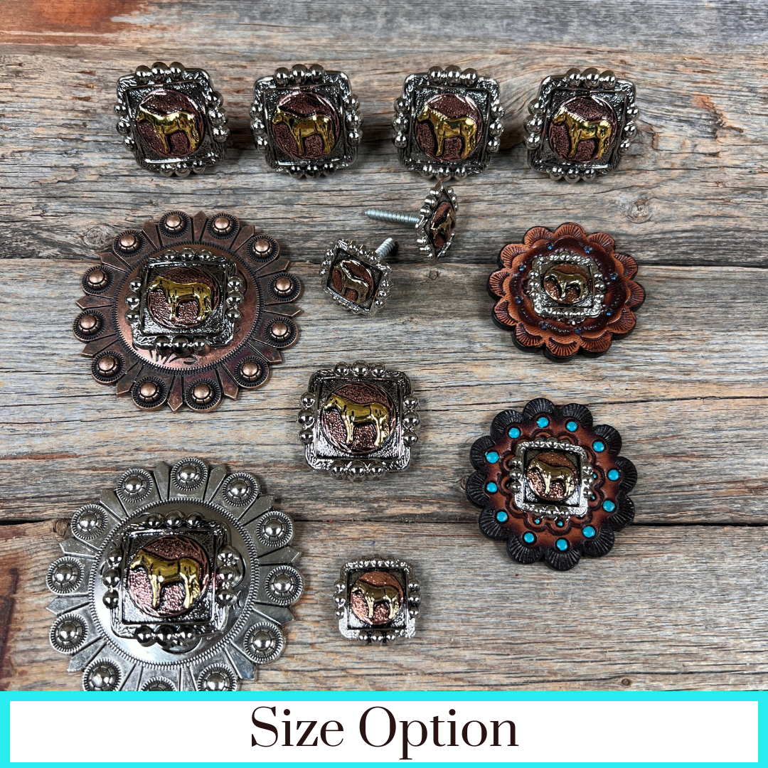 Antique Silver Square Concho with Gold Horse Western Concho W186