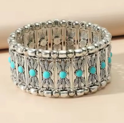 Western Silver Leaf and Bead Fashion Bracelets  - Turquoise