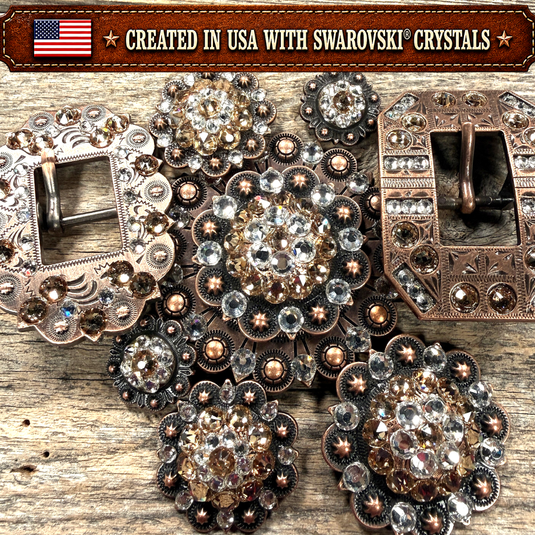 Copper Champagne - Clear Crystal Conchos | Sizes 1"- 3" | Buckles | Saddle Set | Leather Rosettes | Slide