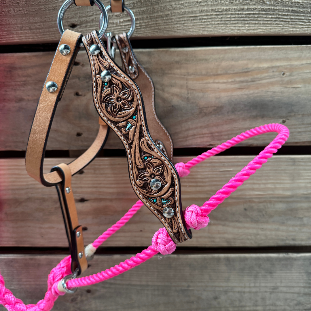 Hot Pink Floral Tooled Lariat & Leather Combo Halter
