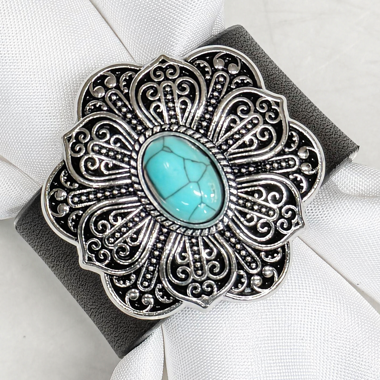 Antique Silver Filigree Floral Turquoise Western Concho Napkin Ring #CNR107