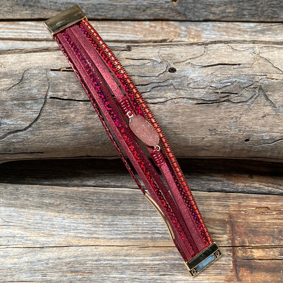 Red Stone and Leather Fashion Bracelet XI135