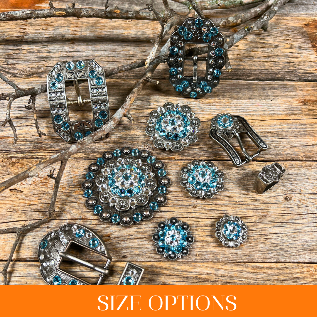 Antique Silver Aqua, Clear Crystal Conchos - Sizes from 1