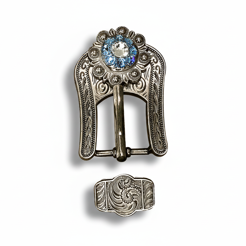 Antique Silver Aqua  - Clear Crystal Conchos | Sizes 1"- 3" | Buckles | Saddle Set | Leather Rosettes | Slide