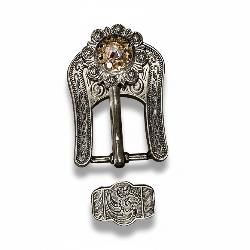 Antique Silver Champagne - AB Crystal Conchos | Sizes 1"- 3" | Buckles | Saddle Set | Leather Rosettes | Slide