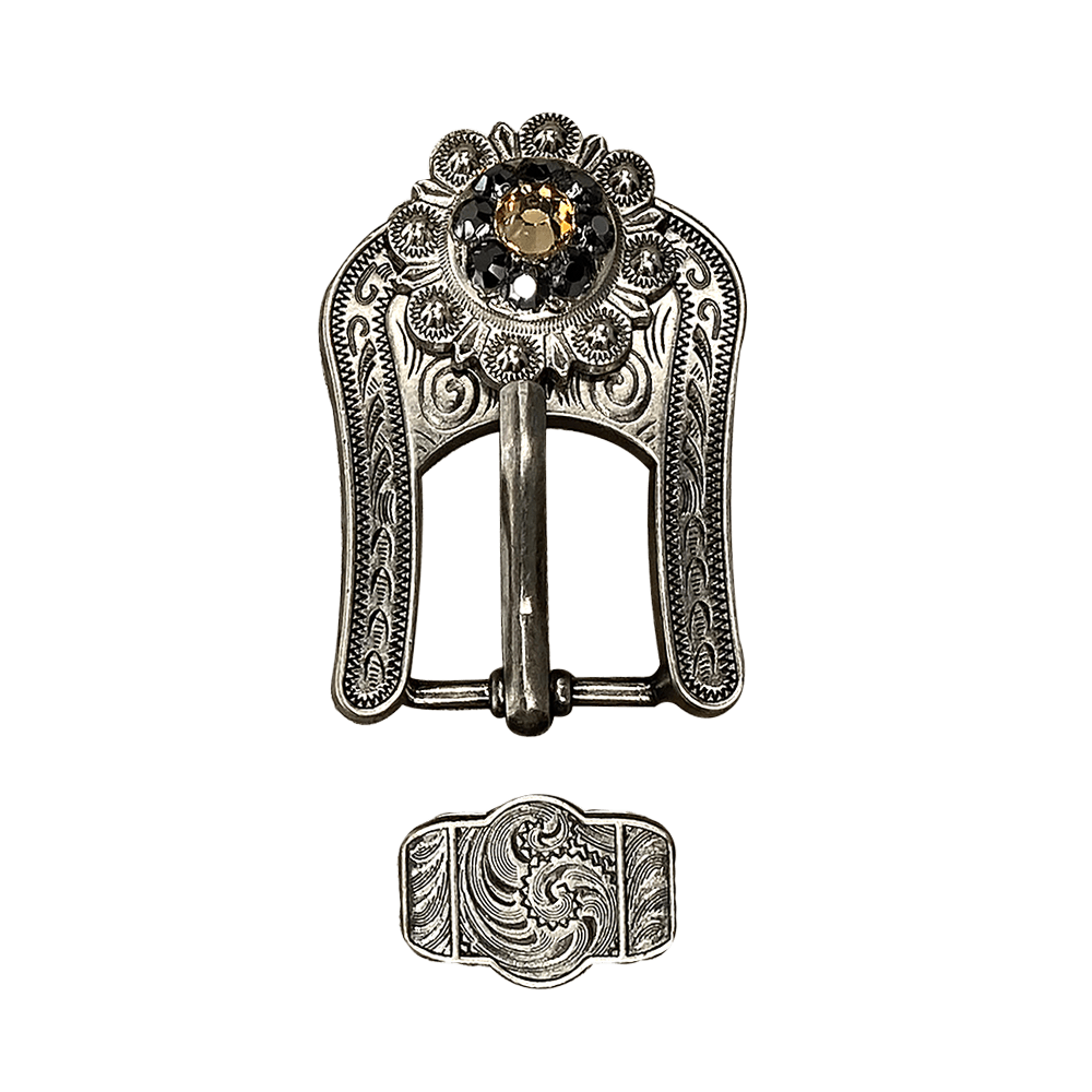 Champagne & Jet Antique Silver European Crystal Buckle Keeper Set - RODEO DRIVE