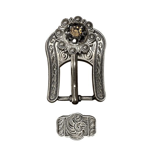 Champagne & Jet Antique Silver European Crystal Buckle Keeper Set - RODEO DRIVE