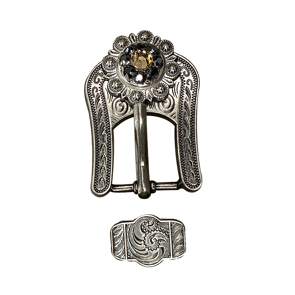Antique Silver Champagne, Jet Crystal Conchos - Sizes from 1"- 3" and Buckles