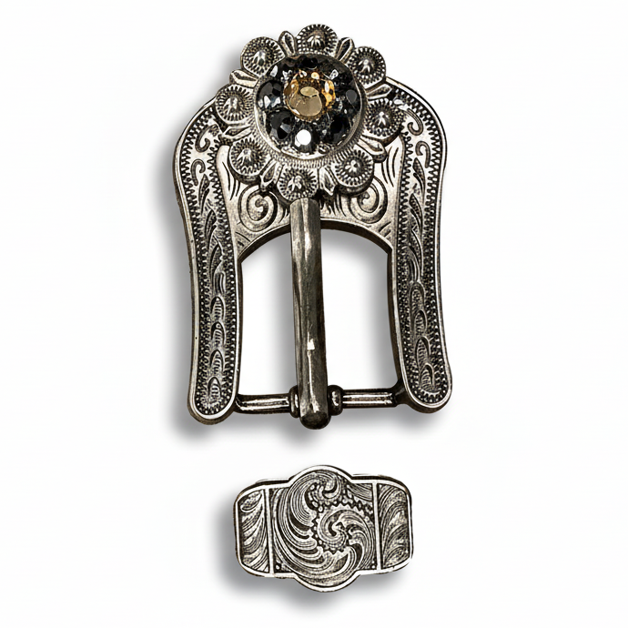 Antique Silver Champagne - Jet Crystal Conchos | Sizes 1"- 3" | Buckles | Saddle Set | Leather Rosettes | Slide