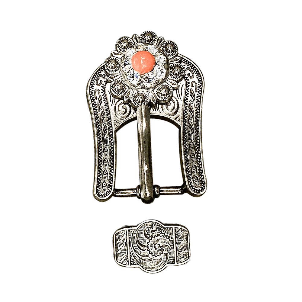 Fashion Coral and Clear Antique Silver European Crystal Buckle and Keeper Set - RODEO DRIVE