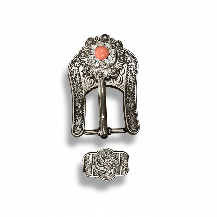 Antique Silver Coral - Clear Crystal Conchos | Sizes 1"- 3" | Buckles | Saddle Set | Leather Rosettes | Slide