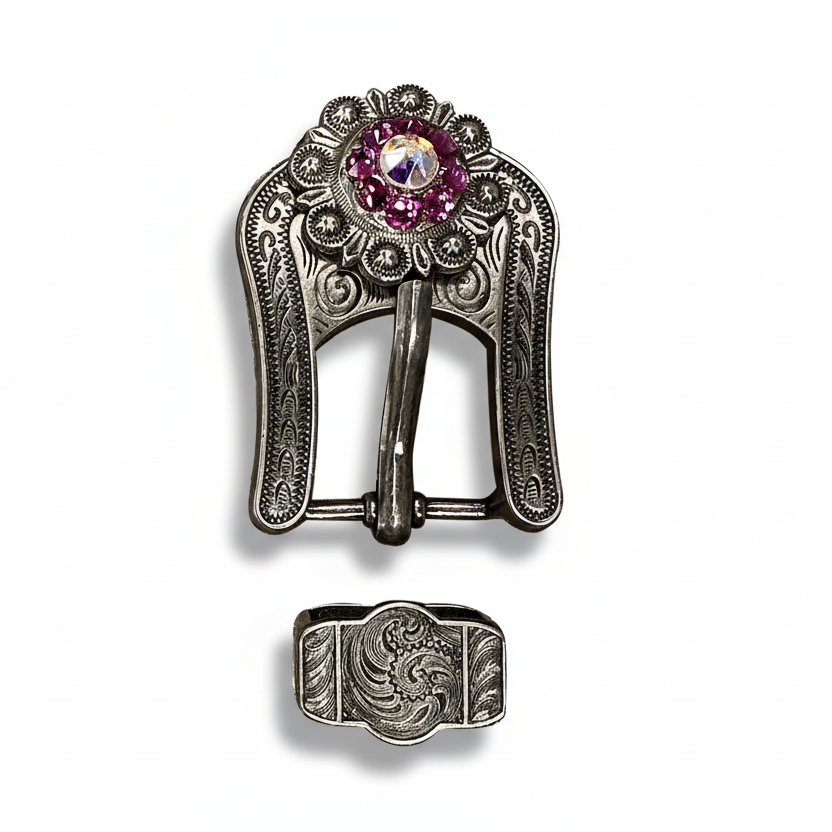 Antique Silver Fuchsia - AB Crystal Conchos | Sizes 1"- 3" | Buckles | Saddle Set | Leather Rosettes | Slide