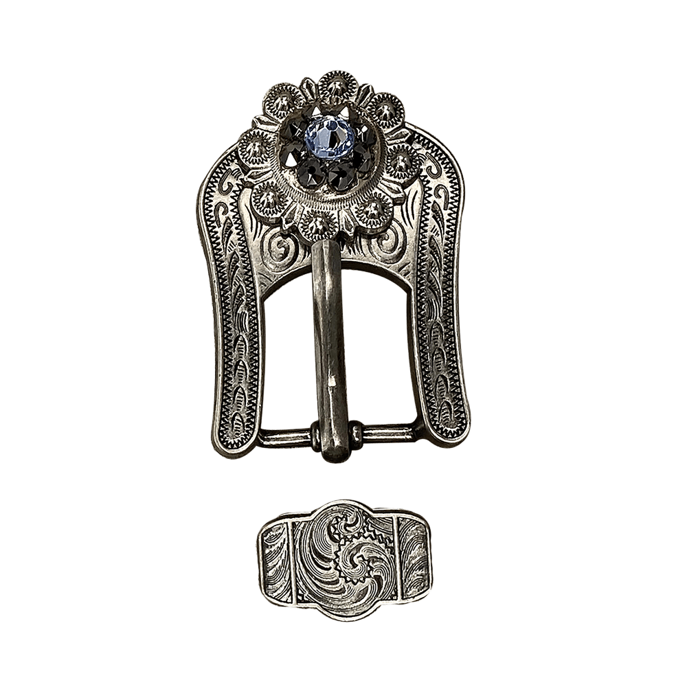 Light Sapphire & Jet Antique Silver Buckle Keeper European Crystal Concho - RODEO DRIVE