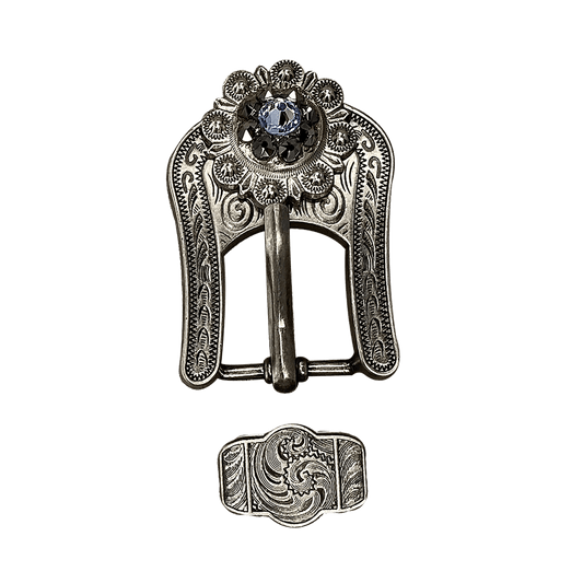Light Sapphire & Jet Antique Silver Buckle Keeper European Crystal Concho - RODEO DRIVE