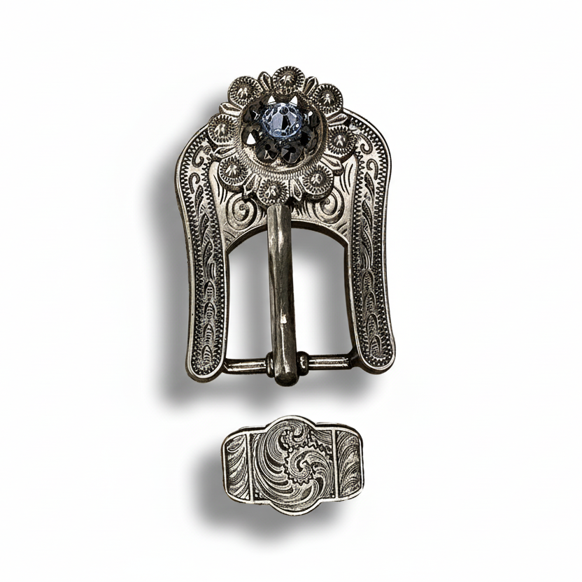 Antique Silver Light Sapphire - Jet Crystal Conchos | Sizes 1"- 3" | Buckles | Saddle Set | Leather Rosettes | Slide