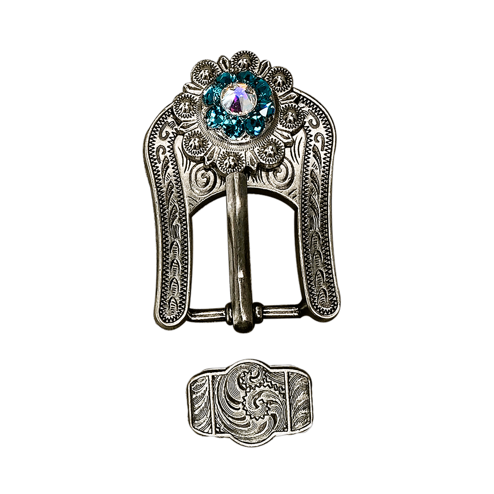 Teal & AB Antique Silver European Crystal Buckle Keeper Set - RODEO DRIVE
