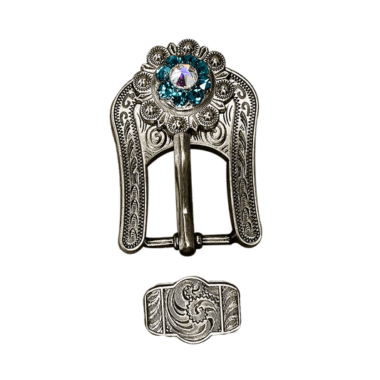 Teal & AB Antique Silver European Crystal Buckle Keeper Set - RODEO DRIVE