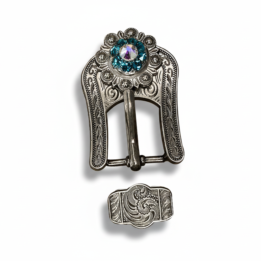 Antique Silver Teal - AB Crystal Conchos | Sizes 1"- 3" | Buckles | Saddle Set | Leather Rosettes | Slide