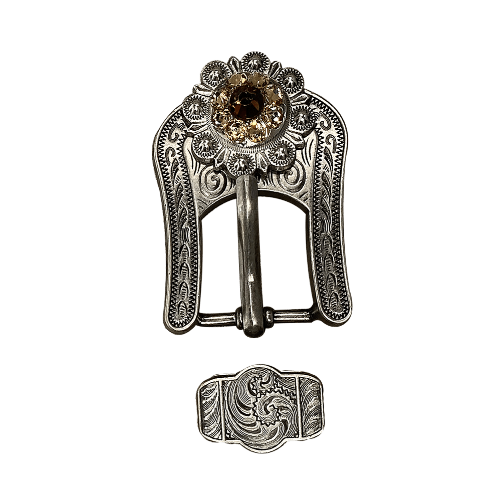 Topaz & Champagne Antique Silver European Crystal Buckle Keeper Set - RODEO DRIVE