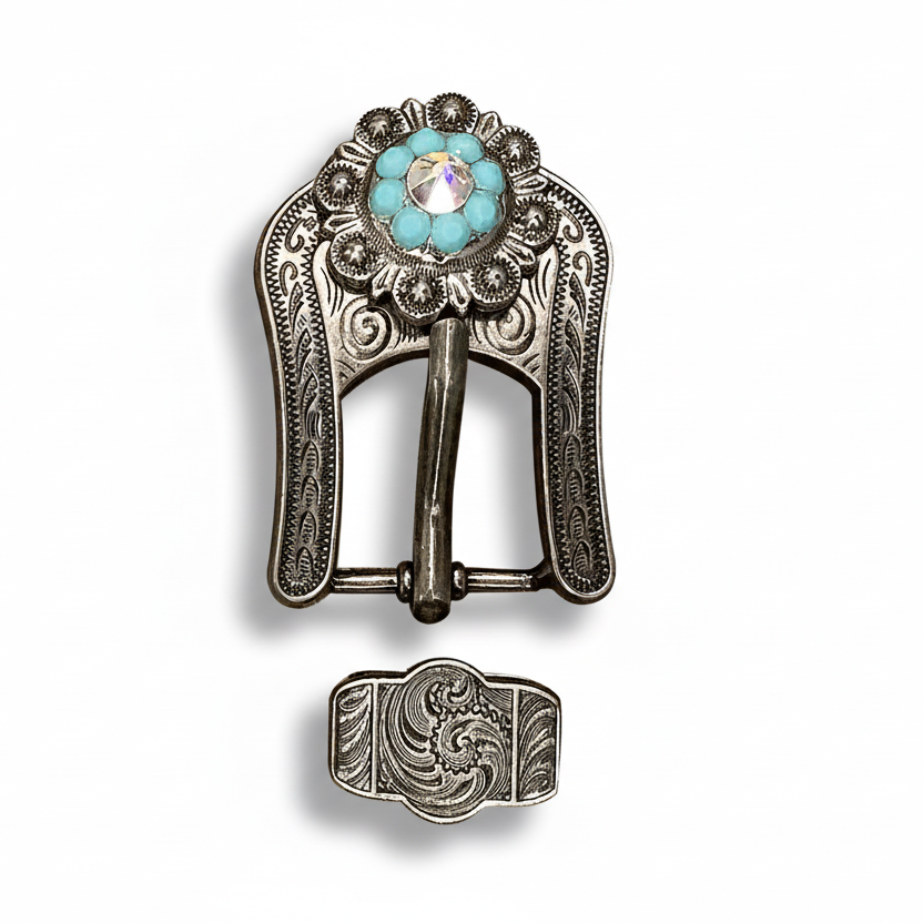 Antique Silver Turquoise - AB Crystal Conchos | Sizes 1"- 3" | Buckles | Saddle Set | Leather Rosettes | Slide
