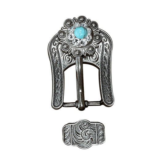 Fashion Turquoise and Clear Antique Silver European Crystal Buckle and Keeper Set - RODEO DRIVE