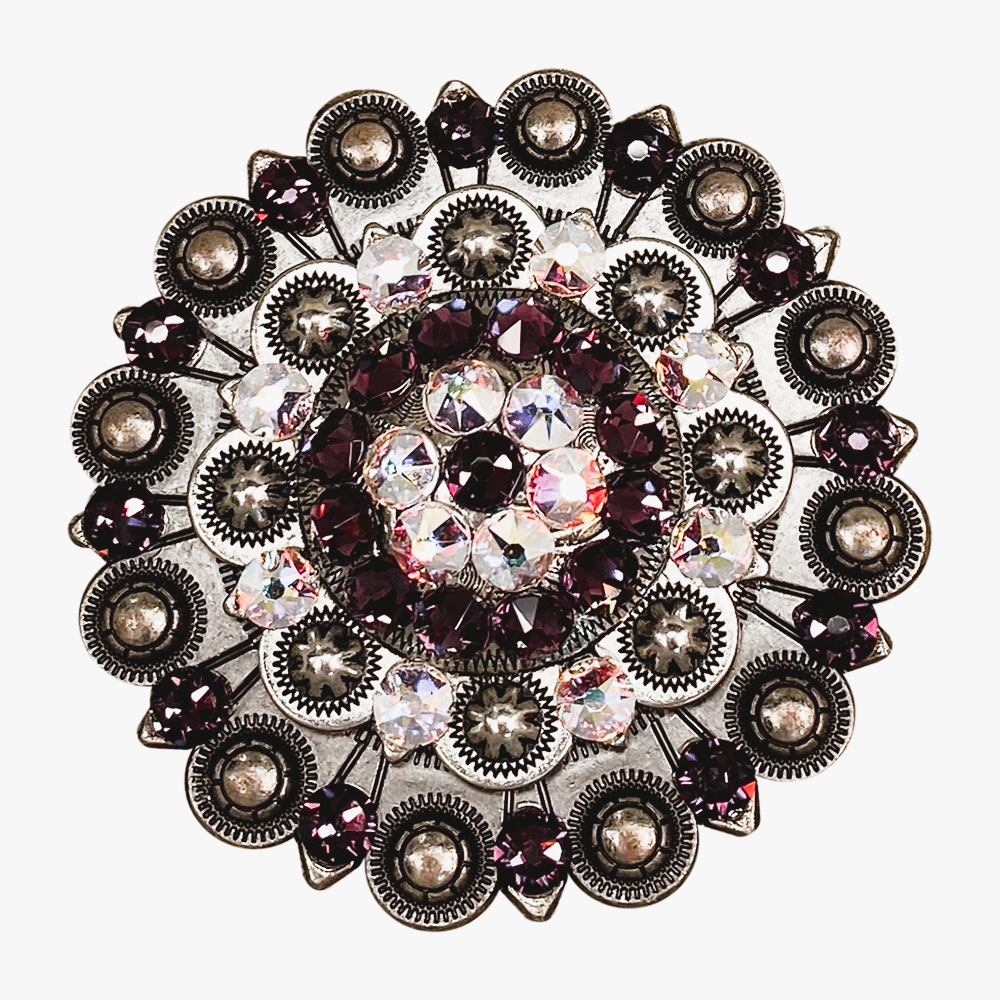 Antique Silver Amethyst, AB Crystal Conchos - Sizes from 1"- 3" and Buckles