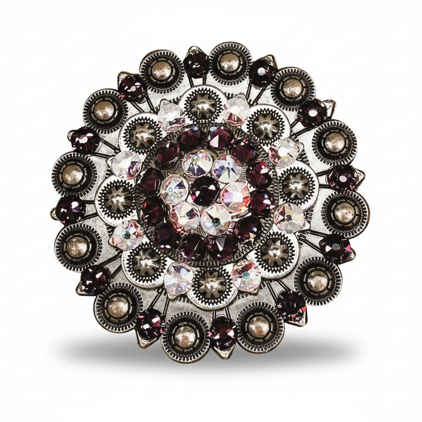 Antique Silver Amethyst - AB Crystal Conchos | Sizes 1"- 3" | Buckles | Saddle Set | Leather Rosettes | Slide
