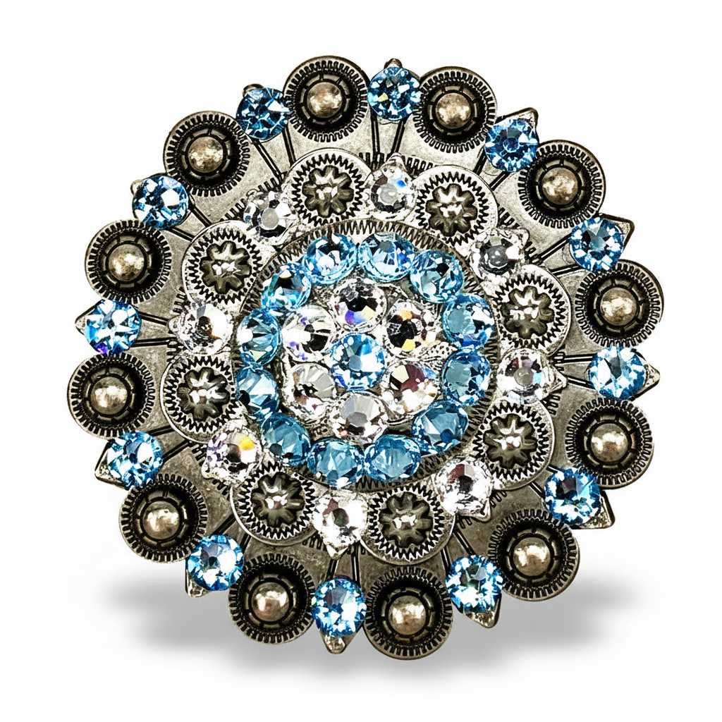 Antique Silver Aqua  - Clear Crystal Conchos | Sizes 1"- 3" | Buckles | Saddle Set | Leather Rosettes | Slide