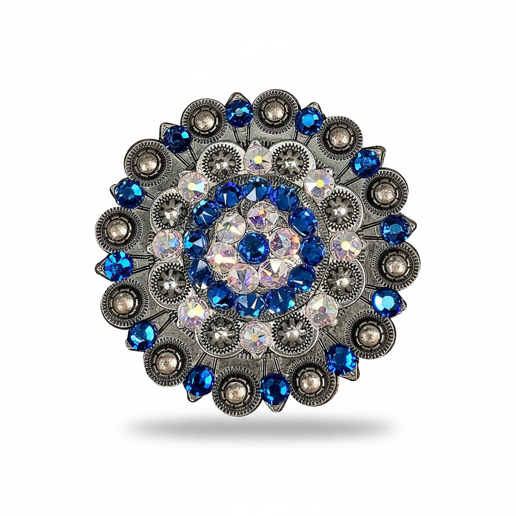 Antique Silver Capri - AB Crystal Conchos | Sizes 1"- 3" | Buckles | Saddle Set | Leather Rosettes | Slide