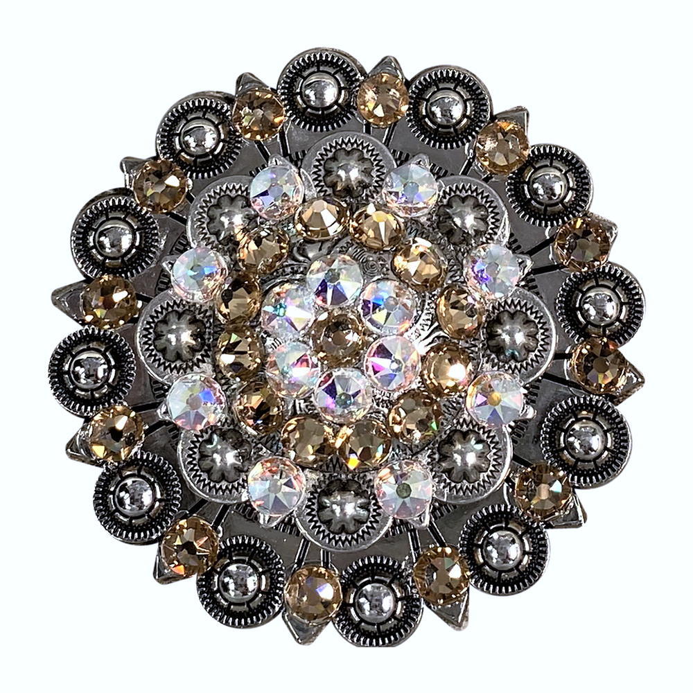 Antique Silver Champagne, AB Crystal Conchos - Sizes from 1"- 3" and Buckles