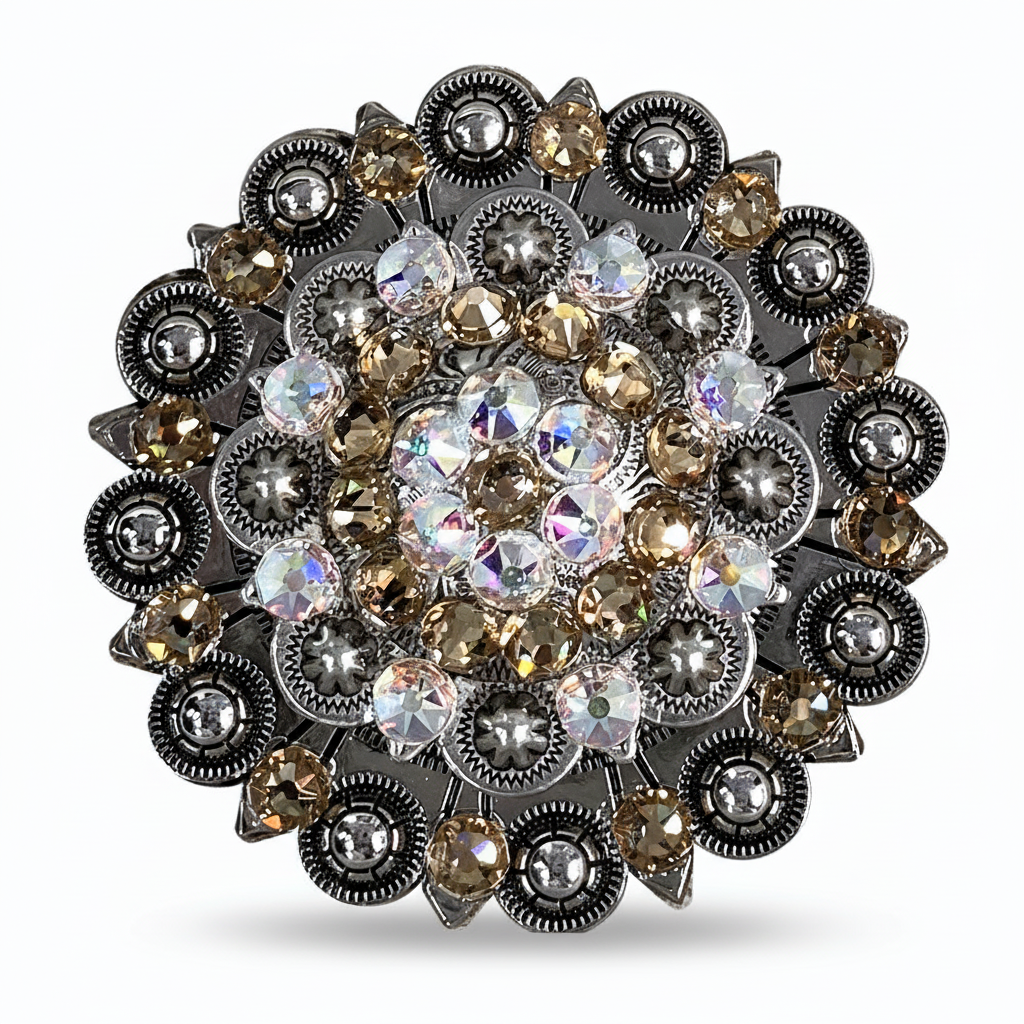 Antique Silver Champagne - AB Crystal Conchos | Sizes 1"- 3" | Buckles | Saddle Set | Leather Rosettes | Slide
