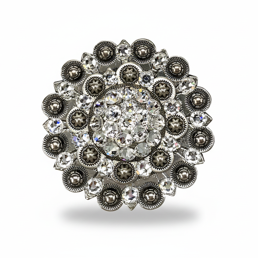Antique Silver Clear Crystal Conchos | Sizes 1"- 3" | Buckles | Saddle Set | Leather Rosettes | Slide