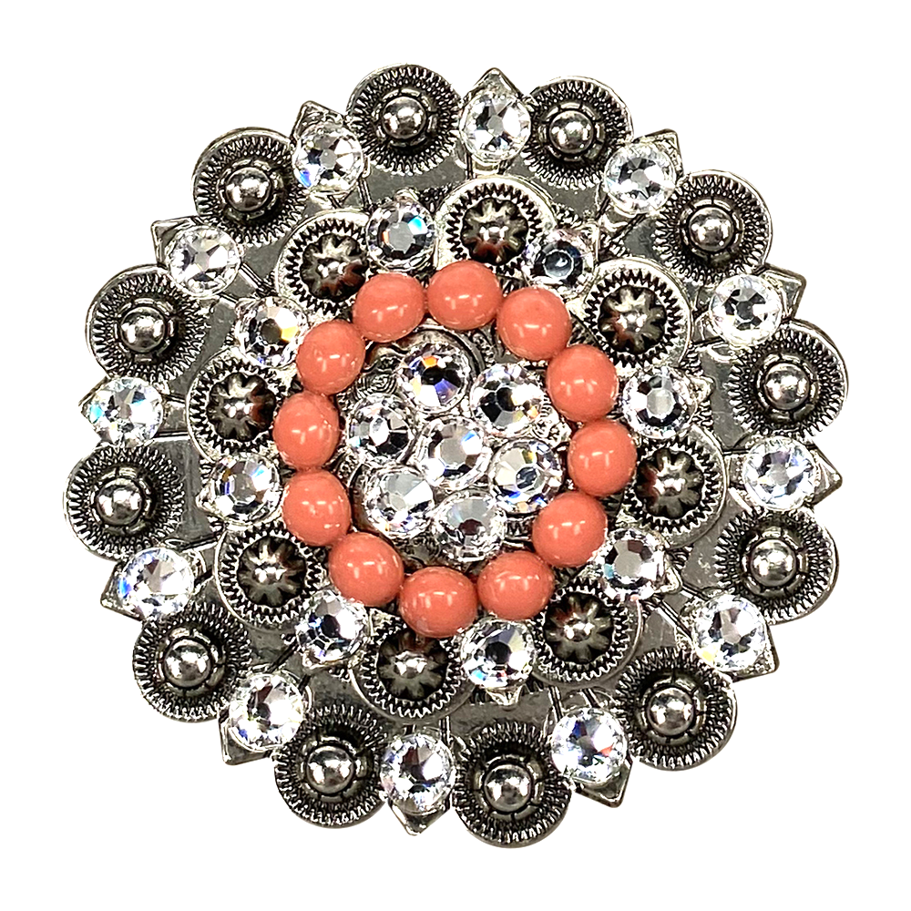 Antique Silver Coral, Clear Crystal Conchos - Sizes from 1"- 3" and Buckles