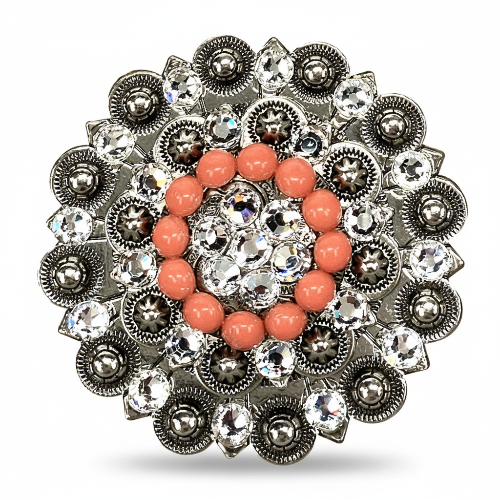 Antique Silver Coral - Clear Crystal Conchos | Sizes 1"- 3" | Buckles | Saddle Set | Leather Rosettes | Slide