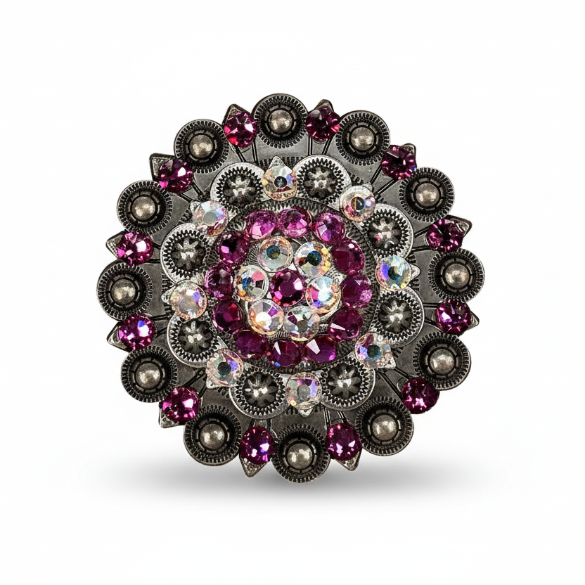 Antique Silver Fuchsia - AB Crystal Conchos | Sizes 1"- 3" | Buckles | Saddle Set | Leather Rosettes | Slide