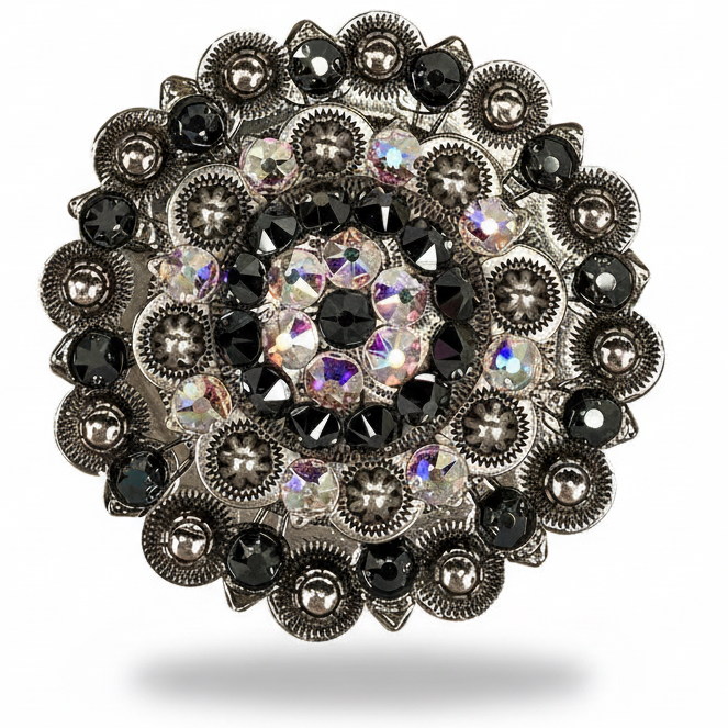 Antique Silver Jet - AB Crystal Conchos | Sizes 1"- 3" | Buckles | Saddle Set | Leather Rosettes | Slide