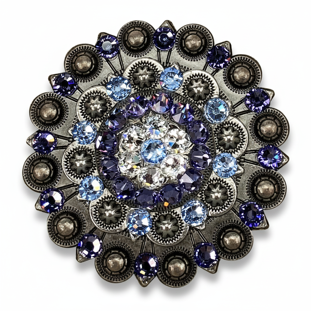 Antique Silver Light Sapphire - Clear - Lilac Crystal Conchos | Sizes 1"- 3" | Buckles | Saddle Set | Leather Rosettes | Slide
