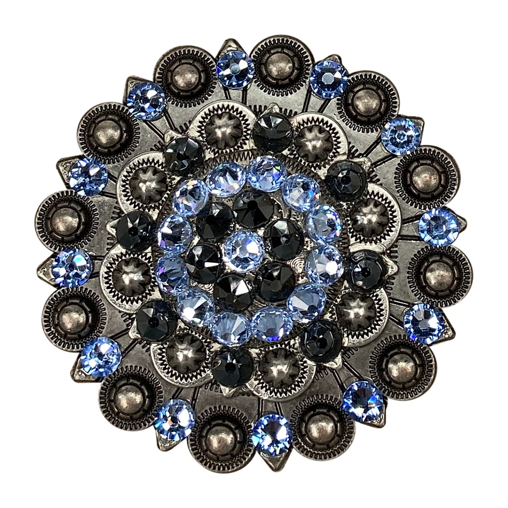 Antique Silver Light Sapphire, Jet Crystal Conchos - Sizes from 1"- 3" and Buckles