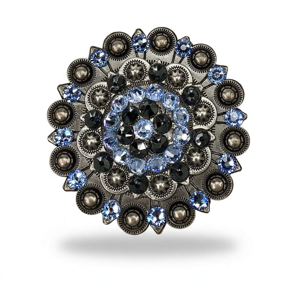 Antique Silver Light Sapphire - Jet Crystal Conchos | Sizes 1"- 3" | Buckles | Saddle Set | Leather Rosettes | Slide
