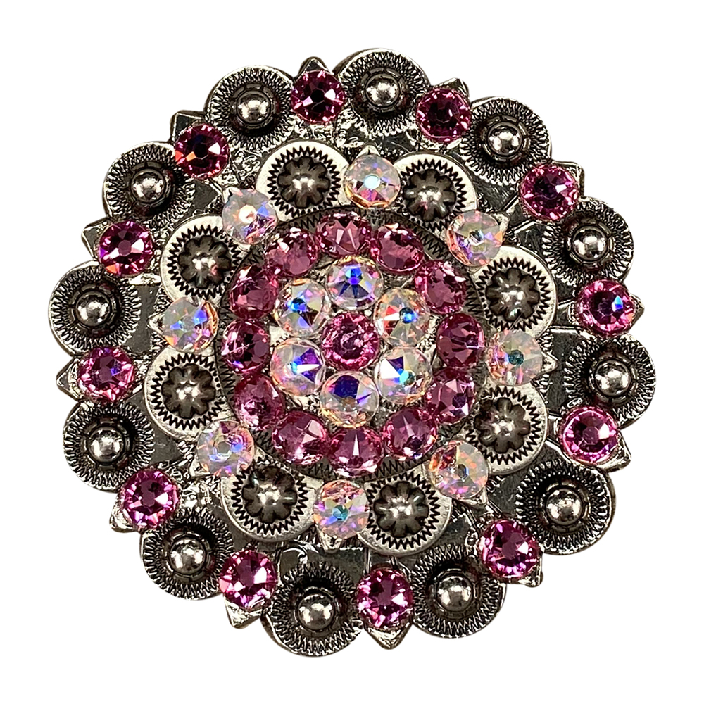 Antique Silver Pink, AB Crystal Conchos - Sizes from 1"- 3" and Buckles