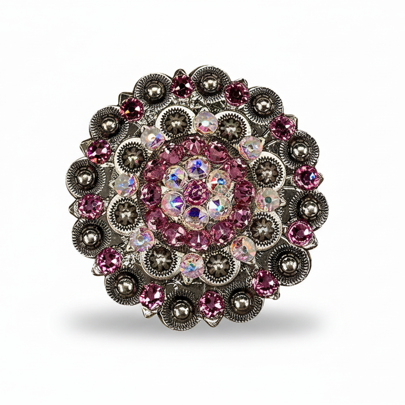 Antique Silver Pink - AB Crystal Conchos | Sizes 1"- 3" | Buckles | Saddle Set | Leather Rosettes | Slide