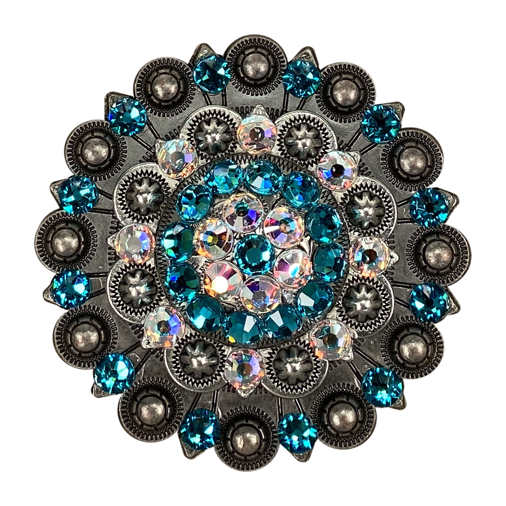 Antique Silver Teal, AB Crystal Conchos - Sizes from 1