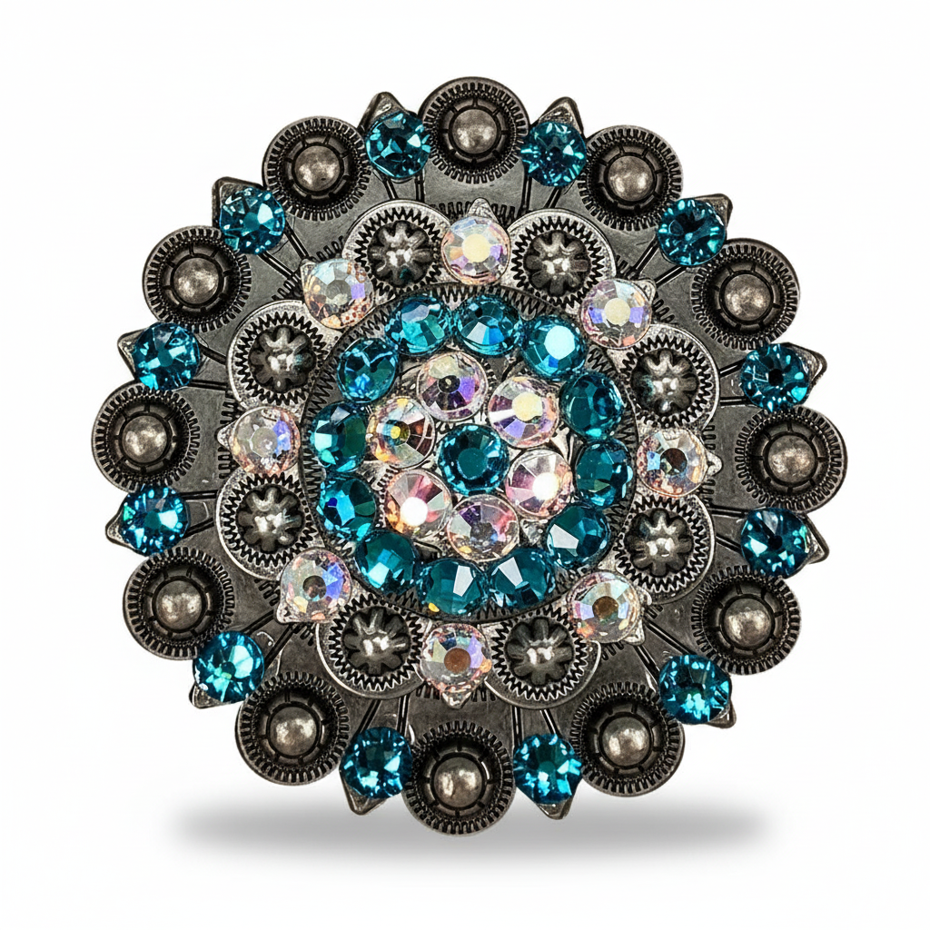 Antique Silver Teal - AB Crystal Conchos | Sizes 1"- 3" | Buckles | Saddle Set | Leather Rosettes | Slide