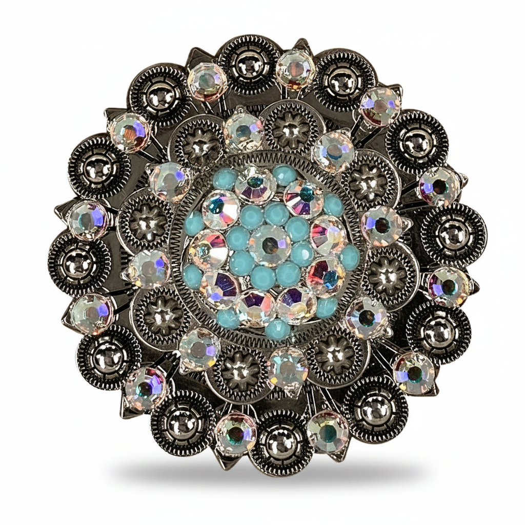 Antique Silver Turquoise - AB Crystal Conchos | Sizes 1"- 3" | Buckles | Saddle Set | Leather Rosettes | Slide