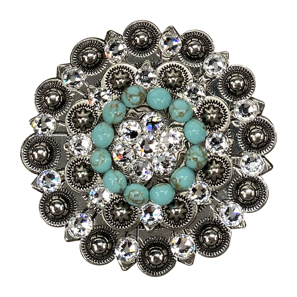 Antique Silver Turquoise, Clear Crystal Conchos - Sizes from 1