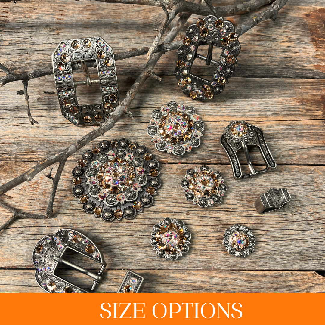 Antique Silver Champagne, AB Crystal Conchos - Sizes from 1