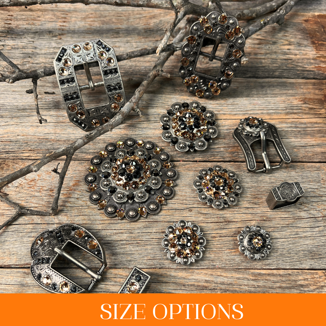 Antique Silver Champagne, Jet Crystal Conchos - Sizes from 1