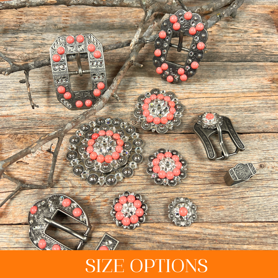 Antique Silver Coral, Clear Crystal Conchos - Sizes from 1"- 3" and Buckles